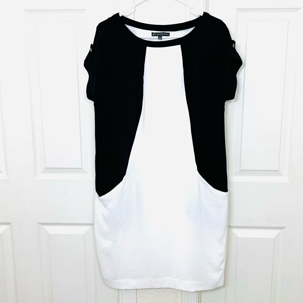 Adrianna Papell Black and White Shift Day Dress Color Blocked Pockets Size Small